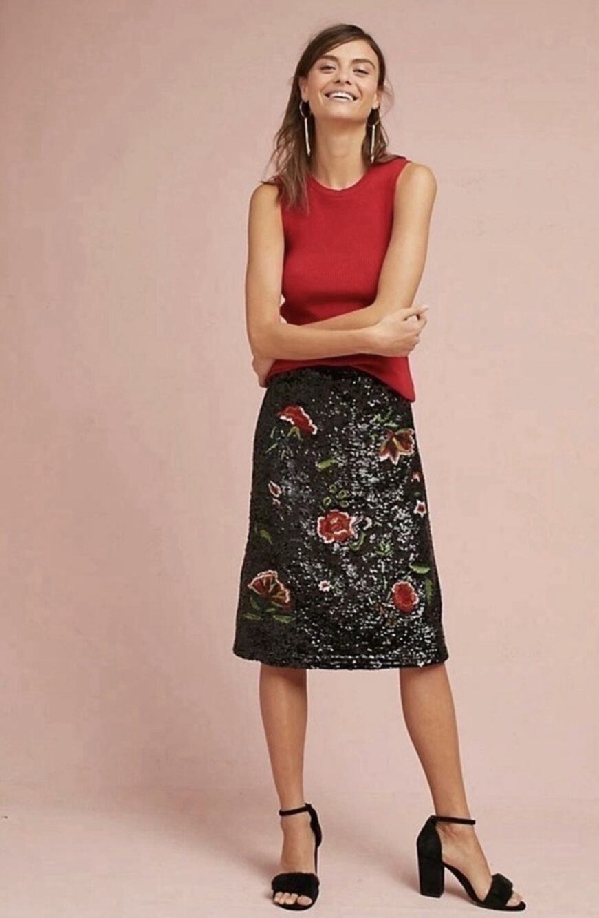 Maeve Anthropologie Garden Glitz Black Sequined Embroidered Skirt, Size 0